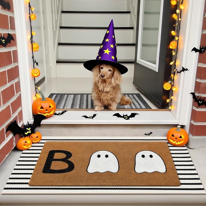 2 Pcs Halloween Welcome Door Mat Ghost Outdoor Welcome Mats for Front Door Non Slip Cute Ghost Coir Floor Mat Black White Stripe Halloween Rug for Outside Front Porch Entryway Decor