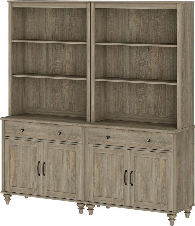 WAMPAT 5 Tier Farmhouse Bookcase 72" Tall Bookshelf with Barn Doors, Large Display Book Shelf with 2 Drawers and Storage Cabinet, Library Wood Bookshelves for Living Room,Kitchen, Wash Grey (2PCS)