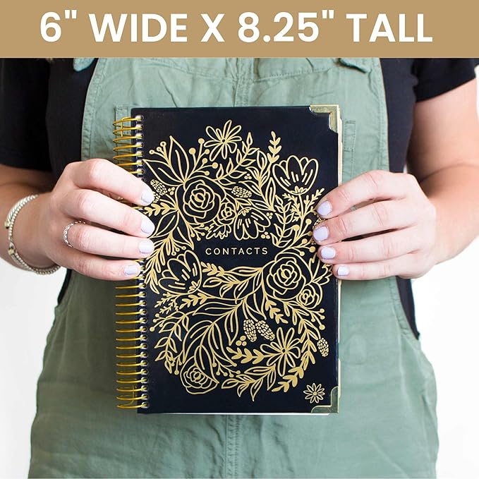 bloom daily planners New Address Book with Alphabetical Tabs - Hardcover Contact Book & Password Book Organizer for Addresses, Phone Numbers & More (6” x 8.25”) - Black & Gold Embroidery