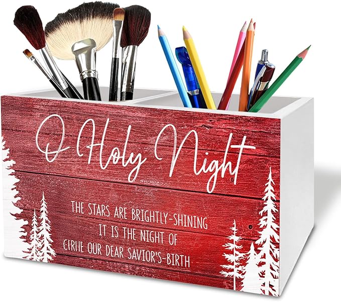 Red Rustic Christmas Tree Pen Holder for Desk, O Holy Night Holiday Christmas Wooden Box Sign Desk Decor for Home Office Decoration, Farmhouse Xmas Tree Pencil Organizer