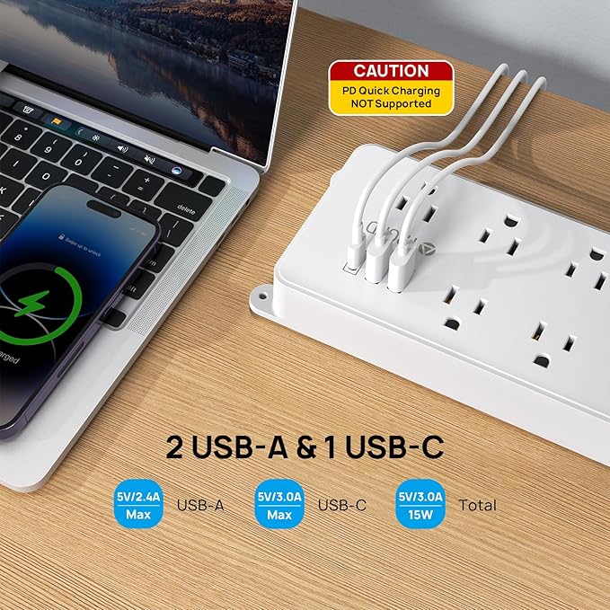TROND Surge Protector Power Strip 10ft, ETL Listed, Flat Plug Long Extension Cord with 2 USB A and 1 USB C, 7 Widely-Spaced Outlets, Wall Mountable, 1700 Joules, White