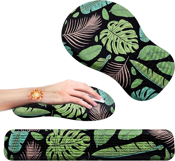 MEKASS Ergonomic Mouse Pad and Keyboard Wrist Rest Set, Super Soft Memory Foam Desk Wrist Support for Computer Keyboard, Non-Slip Arm Palm Rests Cushion for Typing Gaming Office (Large Green Leaves)