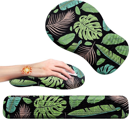 MEKASS Ergonomic Mouse Pad and Keyboard Wrist Rest Set, Super Soft Memory Foam Desk Wrist Support for Computer Keyboard, Non-Slip Arm Palm Rests Cushion for Typing Gaming Office (Large Green Leaves)