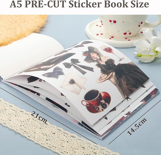 Snycler Midnight Rose Theme Sticker Scrapbooking Supplies for Junk Journal, 20 Sheets PET Stickers - Vintage Journaling Stickers, Ephemera Sticker Book Pre Cut, Planner, Junk Journal Supplies