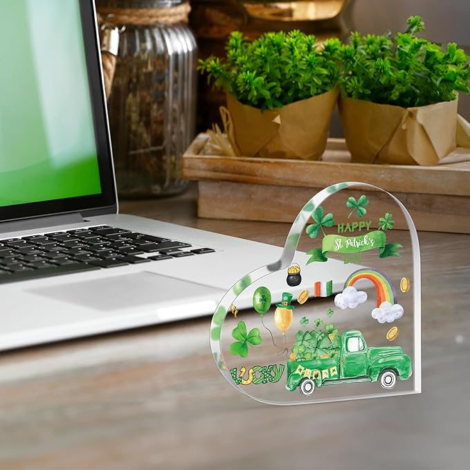 Yopyame Acrylic Gifts Irish Blessing - Happy St. Patricks Day Gift Four Leaf Clover Acrylic Heart Sign Desk Decor for Table Lucky Shamrocks Keepsake Paperweight for Women Home Office Desk Shelf Mantle