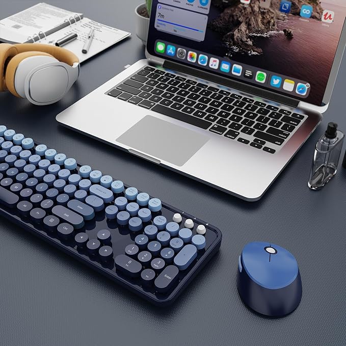 Wireless Keyboard and Mouse Combo, Ergonomic Full Size Typewriter Retro Round Keycaps Keyboard, Compatible with Windows, PC, Perfer for Home and Office Keyboards (Twilight Blue