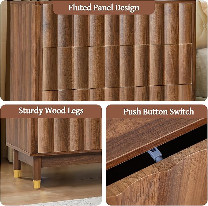 Fluted 3 Drawer Dresser, 31.5" Wide Modern Storage Chest of Drawers, Wood Drawer Organizer for Bedroom, Living Room, Hallway