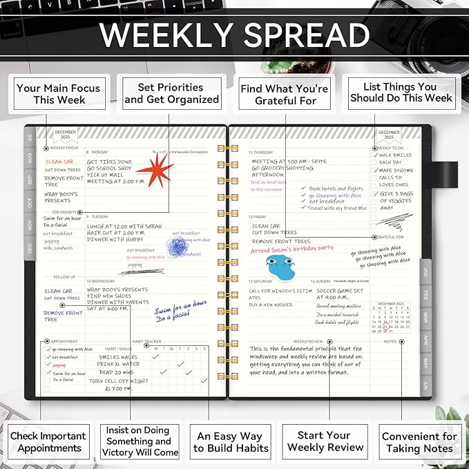 Planner 2025-2026, Weekly and Monthly Planners for Teacher & Student, Jul.2025 - Jun.2026, AIMPEAK Daily Calendar Planner with Monthly Tabs, Pocket, Pen Loop, Flexible Waterproof Cover, Black, 5.5" x 8.5"