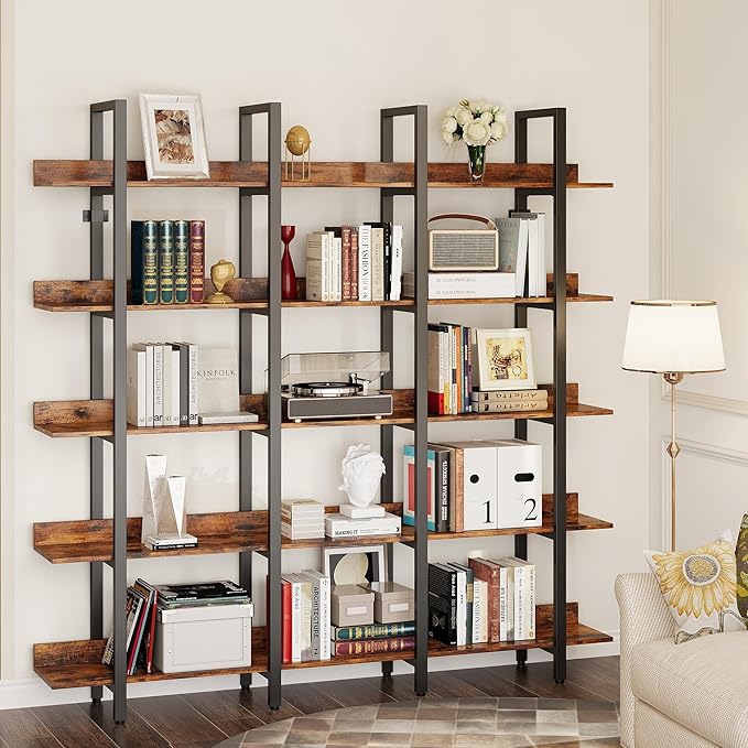 IRONCK Bookcase and Bookshelves Triple Wide 5 Tiers Large Open Shelves, Etagere Bookcases with Back Fence for Home Office Decor, Easy Assembly, Vintage Brown