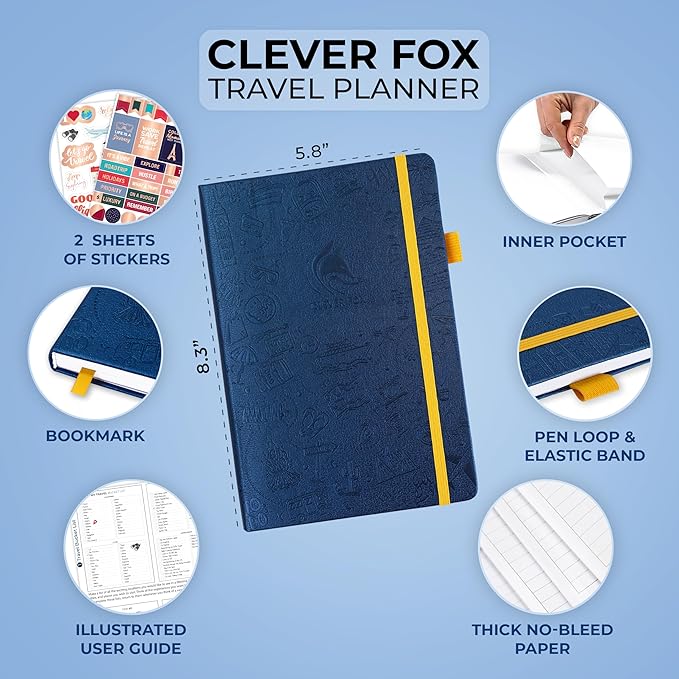 Clever Fox Travel Journal – Vacation & Trip Organizer with Budget Plan, Packing List, Travelling Expense Tracker, A5 (Mystic Blue)