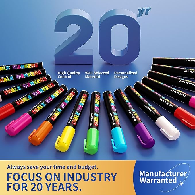 SILENART Jumbo Chalk Markers - 8 Pack Fat Tip, 15mm, Liquid Chalk, Window Markers, Erasable, Washable