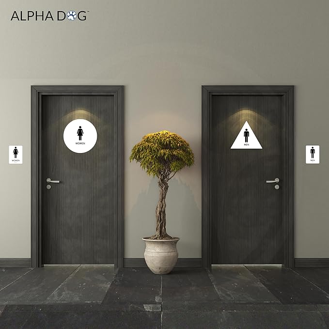 ALPHA DOG ADA SIGNS Men's Women's Restroom Sign Bundle 6x9 inch ADA Compliant Business Wall Mount Indoor Outdoor Easy Install USA Made (White)