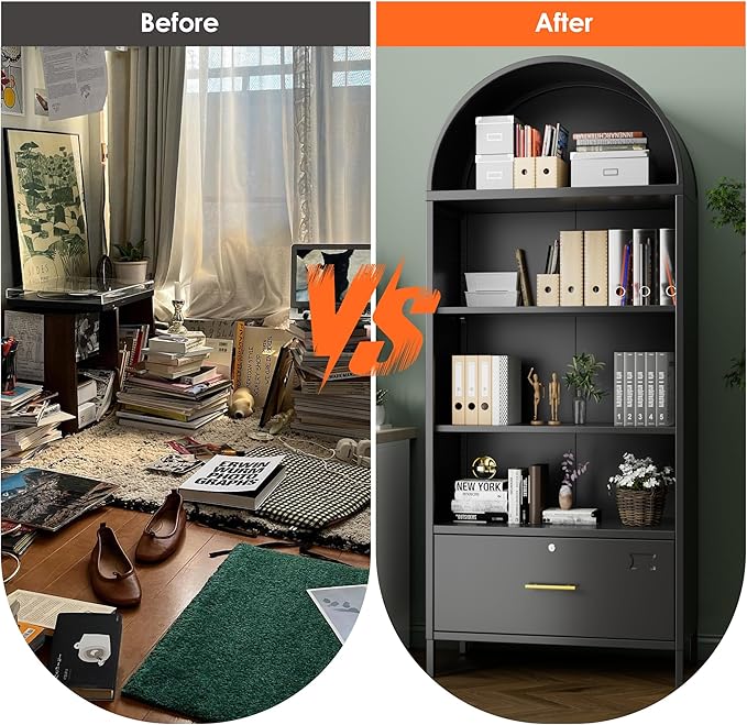 Tall Metal Arch Cabinet, Filing Cabinet for Home Office, Black Arched Bookcase with Locking Glass Doors and Drawers(Assemble Required)