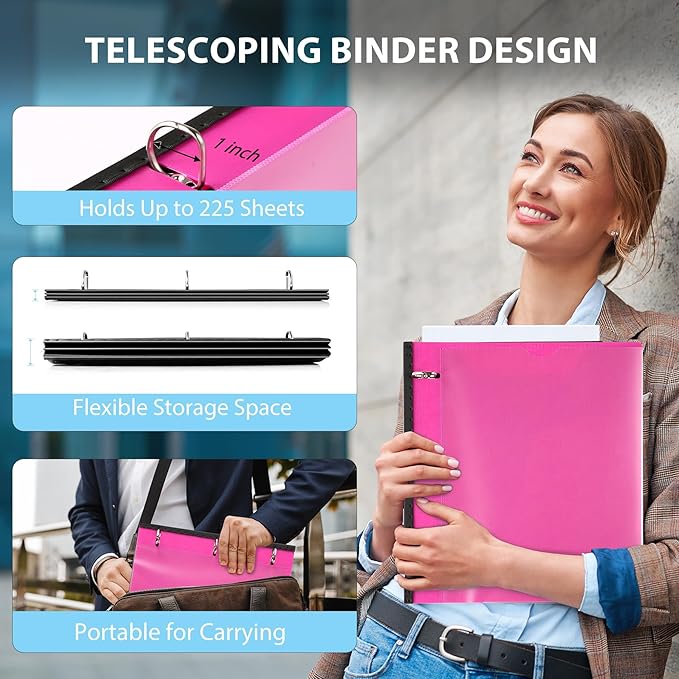 WOT I 1 Inch Telescoping 3 Ring Binder 12 Pack, Expandable Flexible Binder with Customizable Front Cover & Clear Catalog Pocket, Holds 225 Sheets, School Office Supplies, Blue+Pink