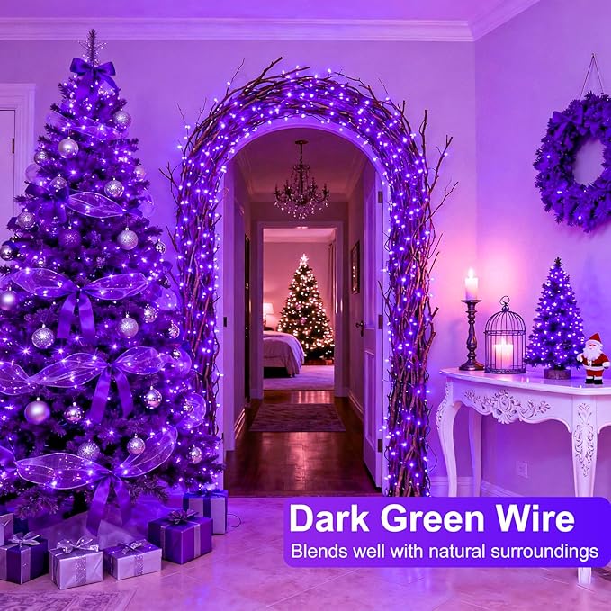 2 Pack Christmas Lights Outdoor, Total 200FT 600 LED Purple String Lights for Outside with 8 Modes Waterproof, Plug in Halloween Decorations for Indoor House Room Patio Garden Party Holiday