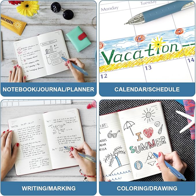 6 Count Pastel Gel Ink Pen Set,Cute Note Taking 0.5mm Fine Point Retractable 5 Count Black Ink Pens with 1 Count Highlighter for Writing, Journaling, School, Office (Blue)