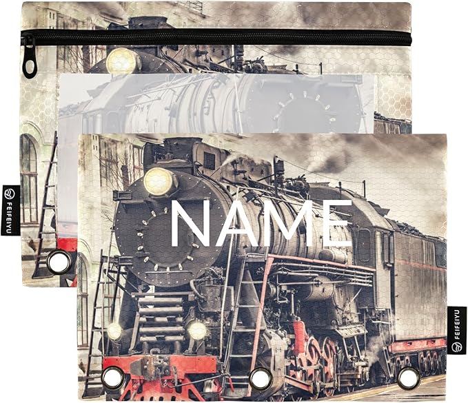 ZAZYXTJ Personalized Vintage Train Binder Pencil Pouchs 3 Ring with Zipper Clear Window Office Organizers bag for School Students Teacher Supplies 2 Pack