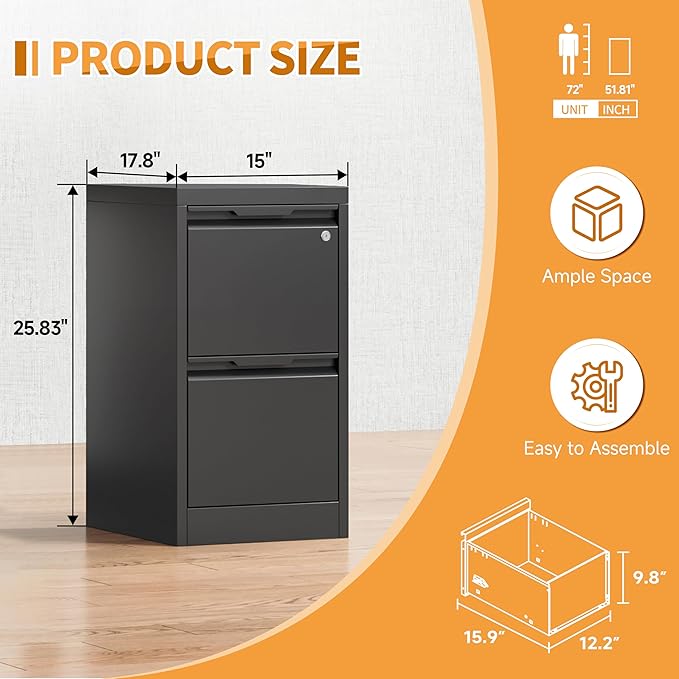 2-Drawer Metal File Cabinet with 1 Lockable Drawer,Steel Printer Stand with Storage for Home Office,Vertical Filing Cabinet for Legal/Letter/A4 Files,Assembly Required(15''W-2 Drawers,Black)
