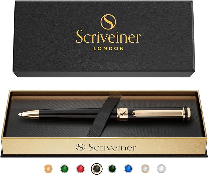 Scriveiner Black Lacquer Ballpoint Pen -Stunning Luxury Pen, Real Gold Plating, Schmidt Black Refill, Best Gift Set for Men & Women, Professional Executive Office, Nice Fancy Designer Pens