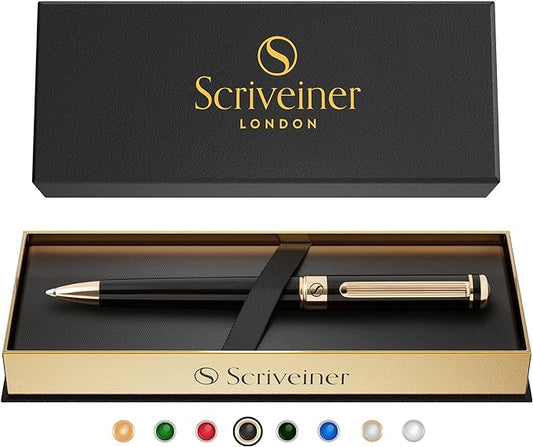 Scriveiner Black Lacquer Ballpoint Pen -Stunning Luxury Pen, Real Gold Plating, Schmidt Black Refill, Best Gift Set for Men & Women, Professional Executive Office, Nice Fancy Designer Pens