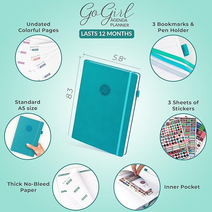 GoGirl Planner Agenda – Colorful Undated Monthly & Weekly Organizer for Women, Journal for Time Management & Productivity (Turquoise)