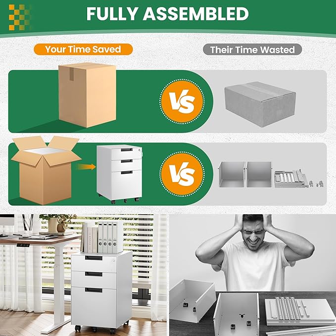 Mobile File Cabinet,3 Drawer Locking Storage Filing Cabinet,Office Metal Storage Cabinet on Wheels for Legal/Letter/A4 File(Fully Assembled，White)