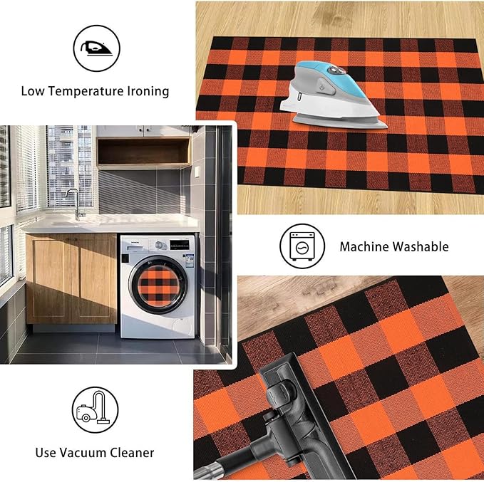 KIMODE Fall Outdoor Rug Buffalo Plaid Orange and Black 24"x51",Washable Cotton Fall Halloween Door Mat,Reversible Checkered Layering Rugs for Entryway,Halloween Front Porch Decor