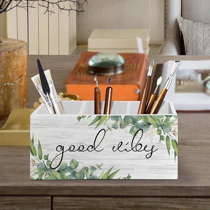 Inspirational Sage Green Eucalyptus Pen Pencil Holder Organizer for Desk Accessories, Good Vibes Positive Wooden Box Sign Desk Decor for Home Office Decoration, Motivational Gifts for Women