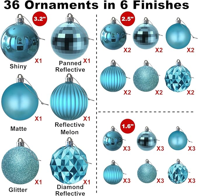 Baby Blue Christmas Ornaments - Christmas Tree Decorations Shatterproof Hanging Balls for Birthday Wedding Holiday Decor Set of 36pcs, Multi-Sizes(1.6",2.5",3.2")