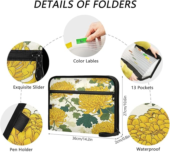 Bees and Fall Chrysanthemums Expanding File Organizer with 13 Pockets Accordion File Folders with Labels,Portable Document Paper Bill Receipt Organizer,Home College School Office Supplies, Lett