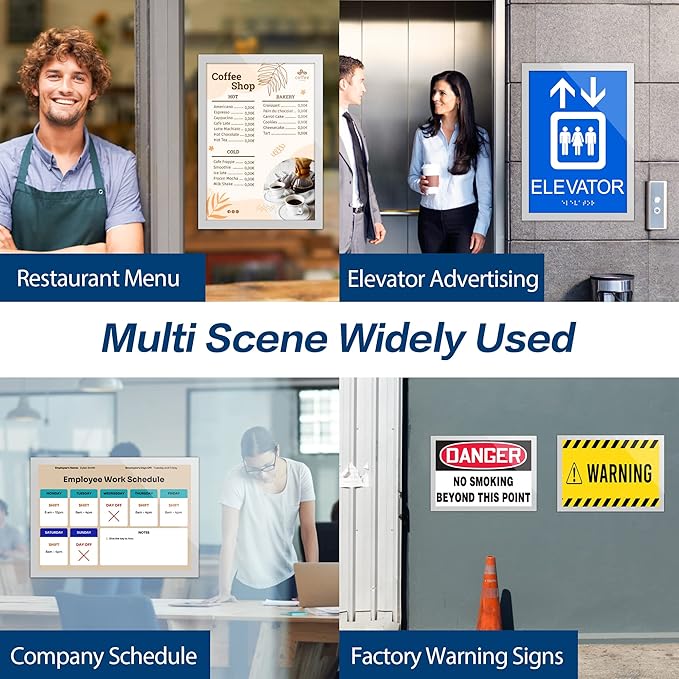 Acrylic Sign Holder 8.5" x 11" Wall Mount, Self Adhesive Magnetic Display Frame with Nano Tape, Plastic Clear Document Frame for Office, Store, School, Home, Wall Picture Frame (Silver, 5Pack)