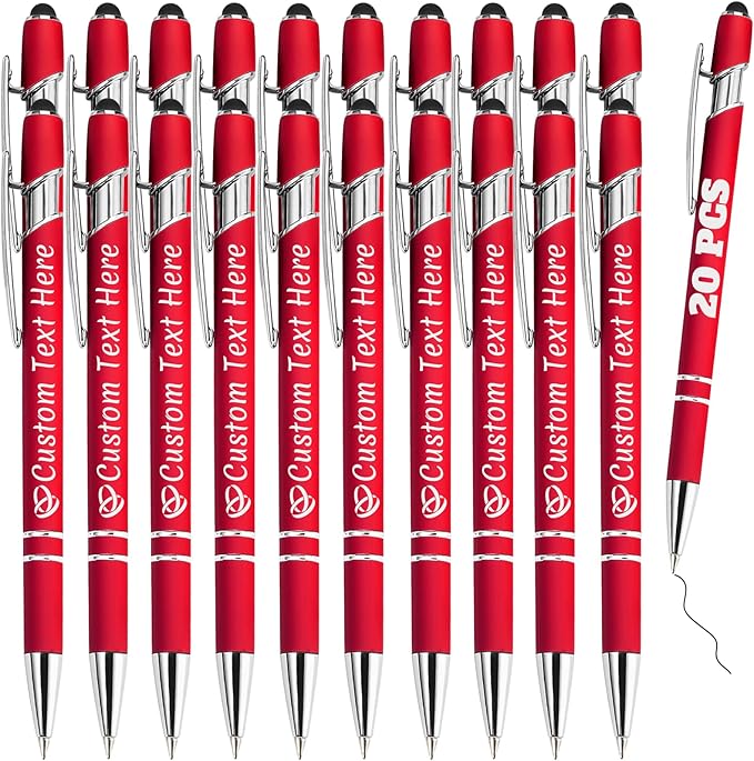 Personalized Pens Bulk 20 with Name Custom Engraving Ballpoint Pens with Stylus Tip Customized Smooth Writing Pens Personalized Gifts for Anniversary Birthday or Graduation(Red,Black Ink)