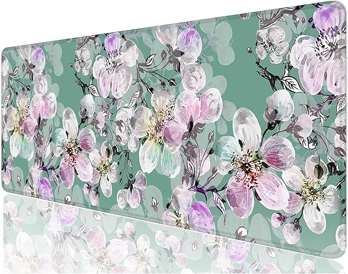 Desk Mat, 32" x 12" XXL Extended Large Gaming Mouse Pad, Desktop Decor Desk Pad, Cute Men Women Office Supplies and Accessories, XL Mouse Mat for Laptop & Keyboard, Green Pink Peach Blossom