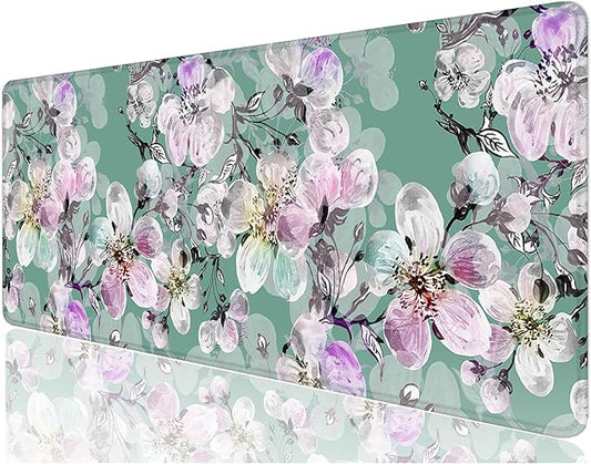 Desk Mat, 32" x 12" XXL Extended Large Gaming Mouse Pad, Desktop Decor Desk Pad, Cute Men Women Office Supplies and Accessories, XL Mouse Mat for Laptop & Keyboard, Green Pink Peach Blossom