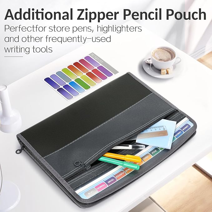 Sooez Accordion File Organizer with Safe Zipper, 8 Pocket Expanding File Folder with Front Pencil Pouch, Portable Monthly Paper Bill Tax Receipt Organizer, School Office Supplies, Letter Size, Grey