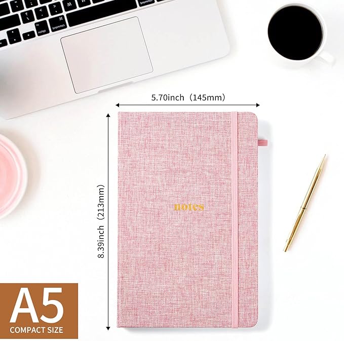 A5 Lined Journal Notebook – Hardcover Fabric Cover 160 Pages 100 GSM Thick Paper With Elastic Band & Pen Holder College Ruled Writing Notebooks for Work School Travel Pink