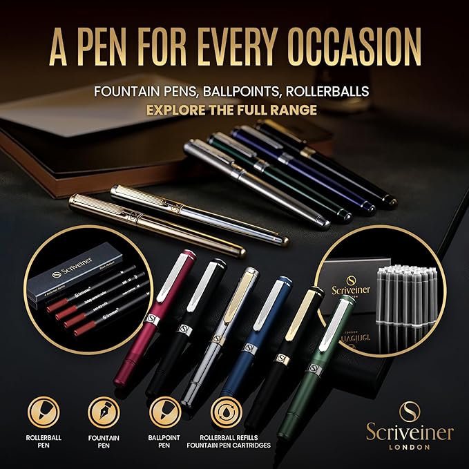 Scriveiner Personalized Black Rollerball Pen - Stunning Luxury Pen, Jet Black Lacquer & Real Gold Plating, Schmidt Ink Refill, Best Engraved Roller Ball Gift for Men & Women, Custom Name Engraving