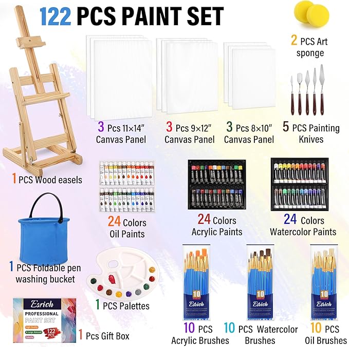 122PCS Professional Painting Set,Art Painting Supplies Kit,Canvas Painting Kit with Tabletop Wooden Easel,72Colors(Acrylic Paint Set,Watercolor,Oil) Brushes, Canvases,Painting Set for Kids Adults