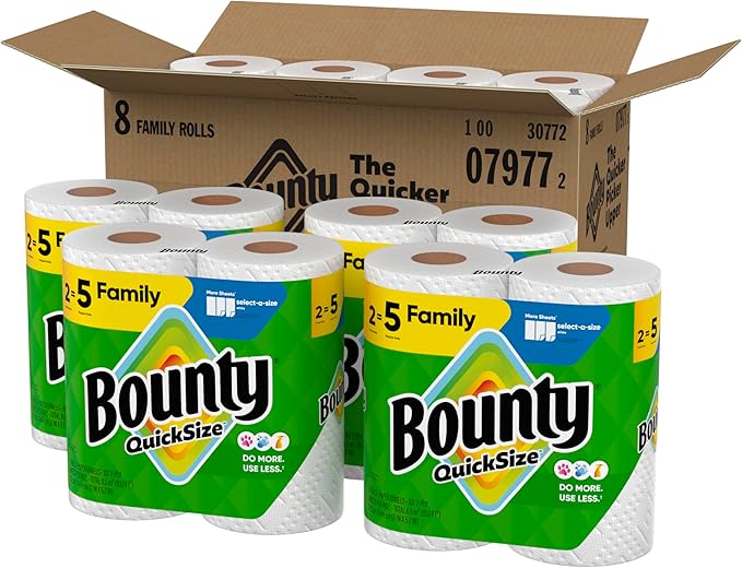 Bounty Quick Size Paper Towels, White, 8 Family Rolls = 20 Regular Rolls (Packaging May Vary)