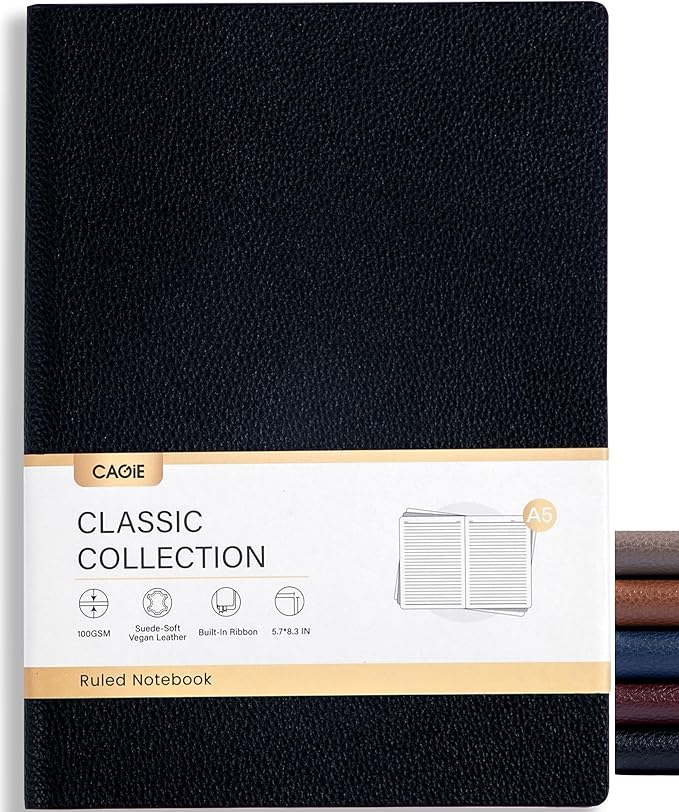 CAGIE Lined Journal Notebook for Men & Women,176 Pages A5 Medium Size Softcover Leather Journals for Writing,Travel,Business,Work & School, 100 GSM Thick Paper (5.7'' x 8.3'') (Black)