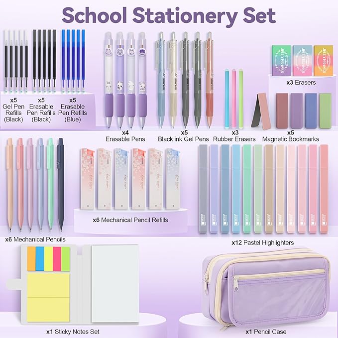 61 PCS Aesthetic School Supplies with Cute Pen Case, Pastel Highlighters, Gel & Erasable Pens, Mechanical Pencils, Refills, Complete Essentials Stationery Kit for Students (Purple)
