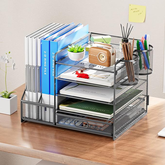 Marbrasse 5-Tier Paper Letter Tray Organizer with Drawer and Pen Holder, Mesh Desktop Organizer and Storage with Magazine Holder for Office Supplies (Grey)