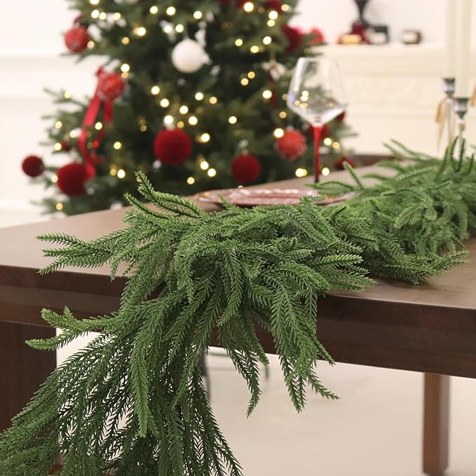 15FT Christmas Garland Norfolk Pine Garland Real Touch Artificial Greenery Garland for Mantle Fireplace Table Indoor Outdoor Holiday Decortions (Dark Green)
