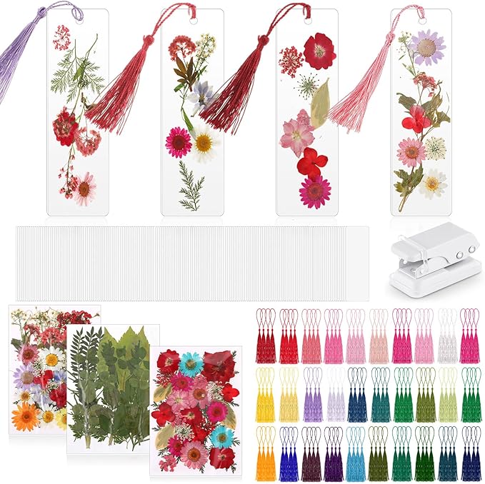 150 Pcs DIY Pressed Dried Flower Bookmark Making Kit, DIY Bookmark Bulk Thanksgiving Teacher Gifts for Reading Women Book Lovers(2 x 8 Inch,Rainbow Color)