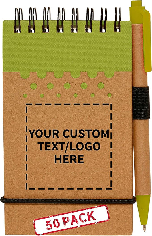 DISCOUNT PROMOS 50 Recyclable Spiral Small Notebooks Pack - Customizable Text, Logo - 60 Lined Pages - Lime Green