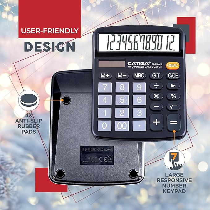 CATIGA 12 Digits Desktop Calculator with Large LCD Display and Sensitive Button, Dual Solar Power and Battery, Standard Function for Office, Home, School, CD-2786