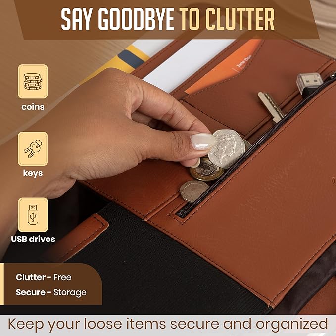 STYLIO Zipper Padfolio Portfolio Binder Organizer (Tan Color) | Faux Leather Portfolio for Resume, Documents, Phone, Tablet, Business Supplies and Cards | Letter Sized Notepad Included | Brown