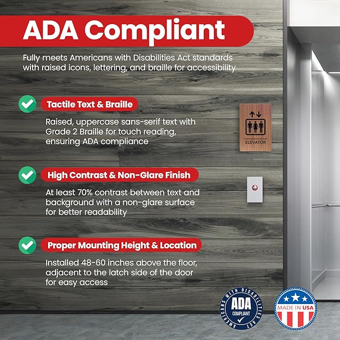 Promot Elevator Sign – ADA Braille Elevator Decor for Business, Self-Adhesive, 9" x 6", Commercial Door Signage, Office Wall Decor - Chestnut