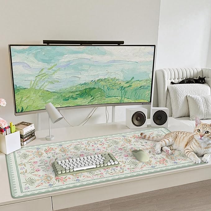 iCasso Desk Cover Mat Green,Extra Large Mouse Pad for Desktop,Anti-Slip Keyboard Pad with Stitched Edges,Cute Floral Computer Mat for Women,Aesthetic Desk Protector for Office Home Dorm