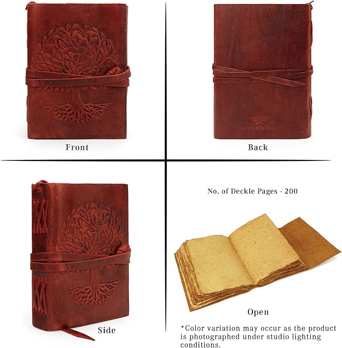 LUXEORIA Tree Of Life Leather Journal for Women and Men, Handcrafted Leather Journal for Writing Womens, Sketchbook, Travel Diary with Unlined Deckle Paper, Wine Red 6x8